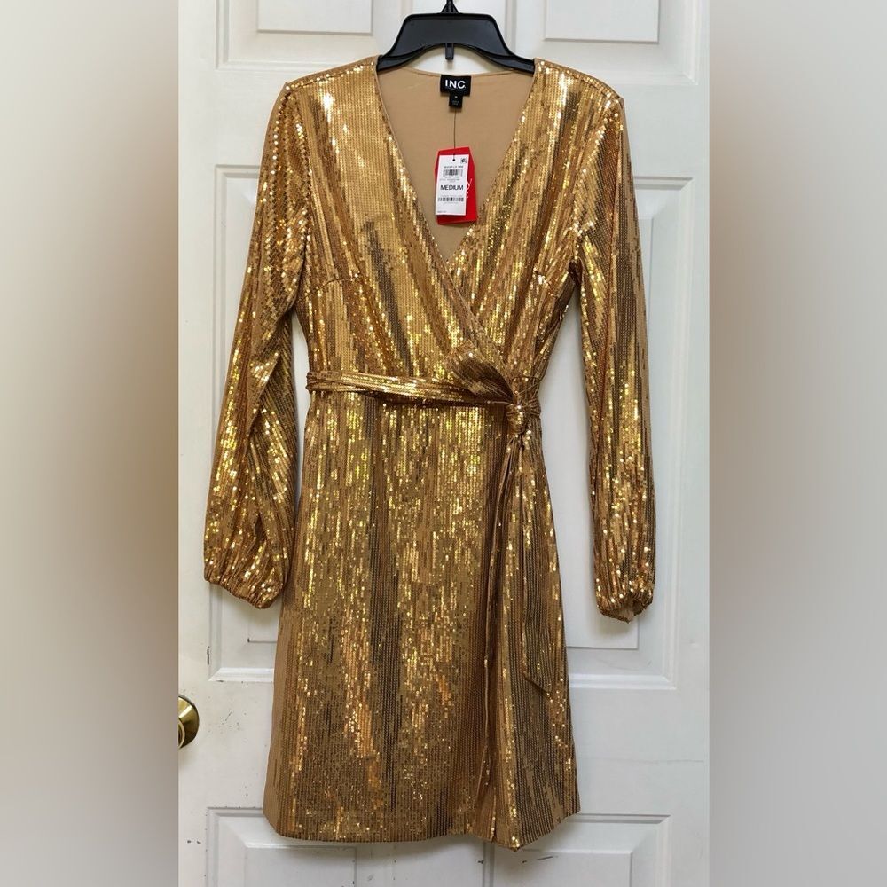 I.N.C. International Concepts Family Marching Long Sleeves Sequin Wrap Dress